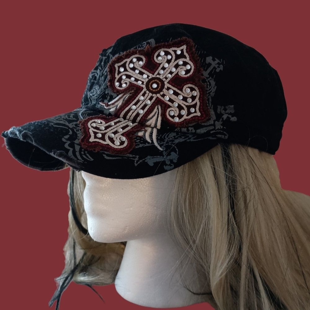 Original Vintage Kbethos Black Di tressed Cap W/Rhinestoned Crimson Cross EUC - Picture 2 of 6